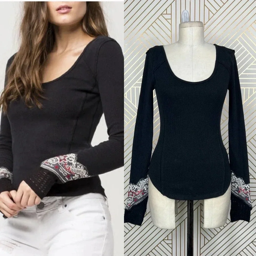 Free People Bandana Cuff Thermal‎ Top in Black Size US XS